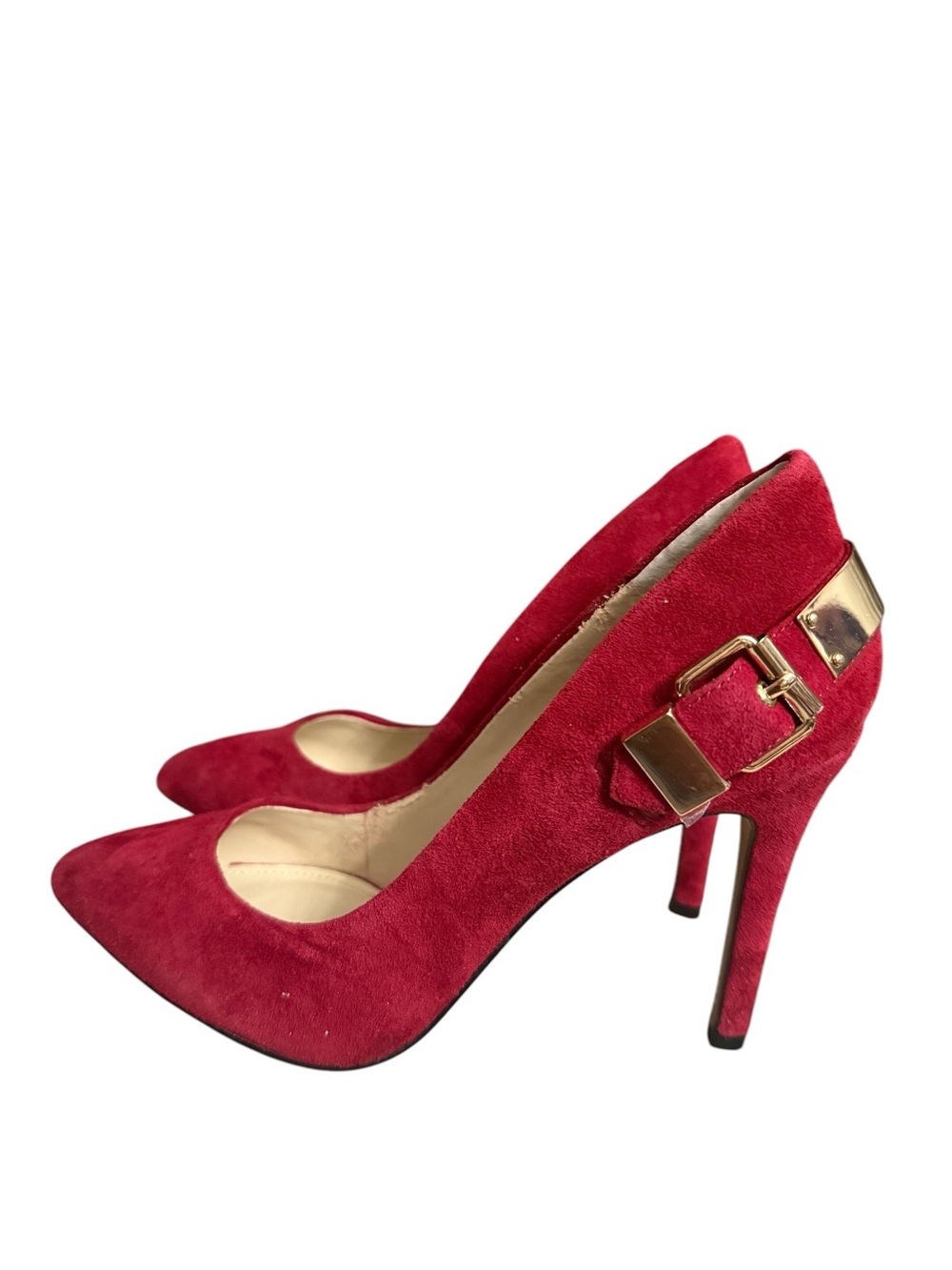 Aldo Red Suede Pointed Toe Stiletto Pumps with Gold Buckle